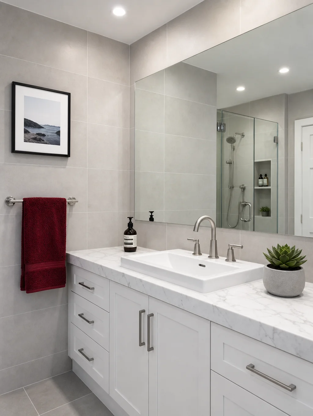 A modern, high-end bathroom remodel in Lakeland featuring clean tile work and premium fixtures